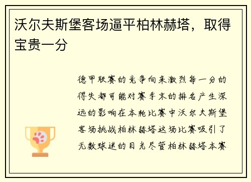 沃尔夫斯堡客场逼平柏林赫塔，取得宝贵一分
